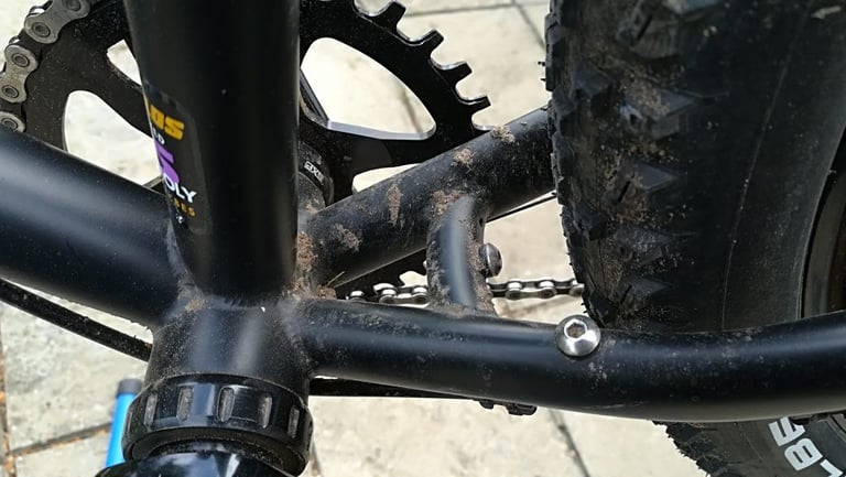 Muddy bottom bracket area of the Darwin frame, showing the clearance between the chainring, stays and rear tyre.