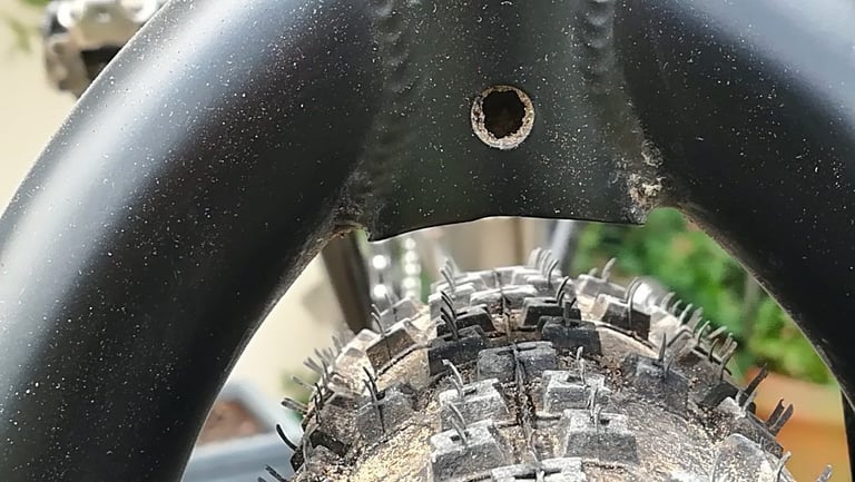 Fork crown of the Darwin's steel MT fork, with generous clearance above a knobbly front tyre.