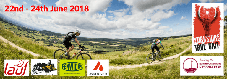 Yorkshire True Grit 2018 banner, 22nd to 24th June, with two riders on a moorland ridge and sponsor logos.