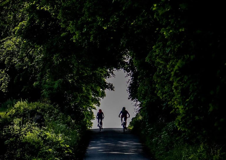 Two silhouetted riders climb a tree-lined lane towards the light on The Distance route in Derbyshire.