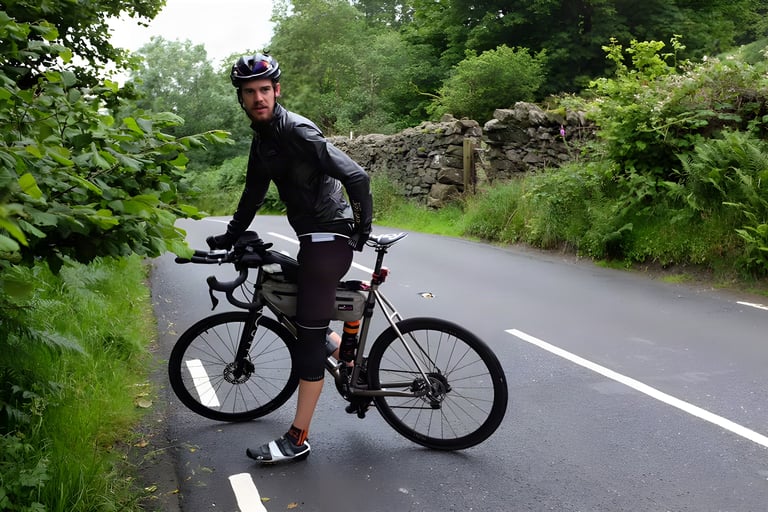 Josh Ibbett pauses on a titanium bike with frame bag and seat pack beside a wet country road lined with stone walls.
