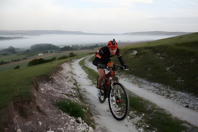 Josh Ibbett climbs a chalk track on his 2011 South Downs Way Double record ride, mist lying in the valley behind.