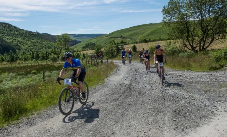 Gritfest riders climb a loose gravel track through open hills, race numbers on their bars.