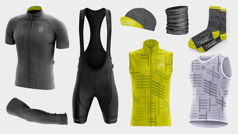 Victory Chimp Ogham kit in stone grey and chartreuse, the tree-alphabet pattern on the jersey, gilet and base layer.