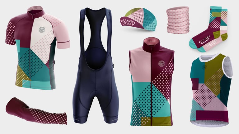 Victory Chimp Stampen Collection in plum and teal, a full kit of jersey, bibs, gilet, base layer, cap and socks.