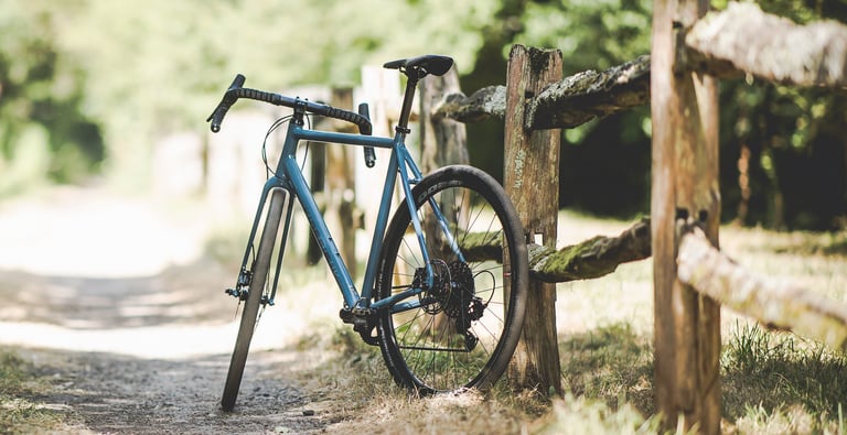 Blue Kinesis G2 adventure bike leaning against a mossy wooden fence beside a gravel track.