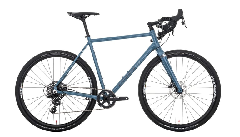 Kinesis G2 in blue, side view on white, with SRAM Rival 1x drivetrain, disc brakes and Schwalbe G-One tyres.
