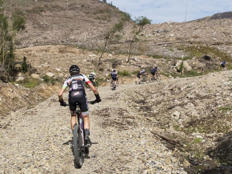 Riders climb a loose stony track through felled forest on a Grinduro Arran stage, one rider close to the camera.