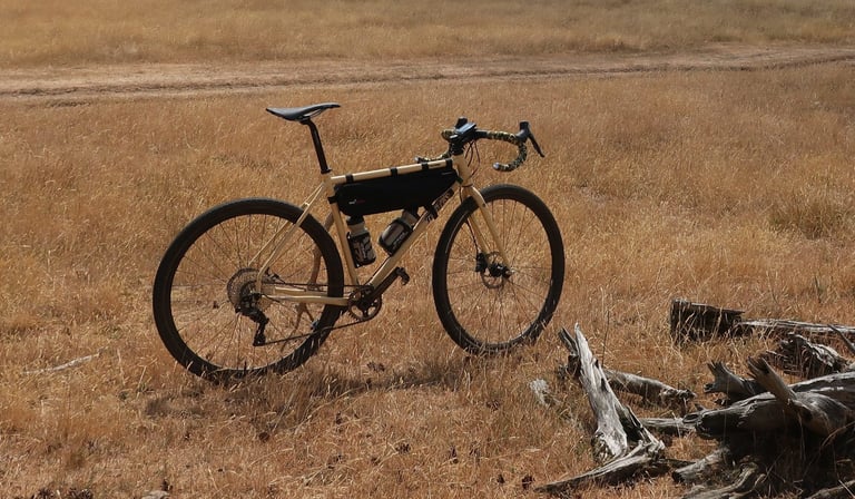 Fearless Vulture with Halo Vapour GXC wheels and frame bag parked on parched grassland beside a pile of dead wood.