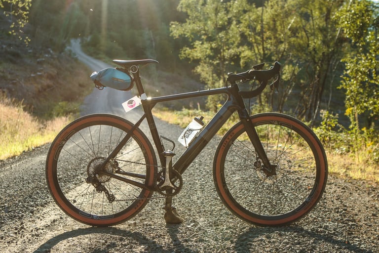 3T Exploro in low sun on a forest gravel road, with a saddle bag and WTB tan-wall tyres.