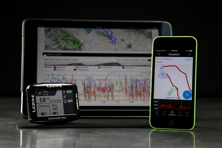 Lezyne Mega XL GPS beside a tablet showing ride data and a phone running the Lezyne Ally navigation app.
