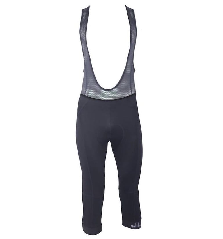 Galibier 3/4 Peloton Bib Knickers in black with grey mesh straps, front view.