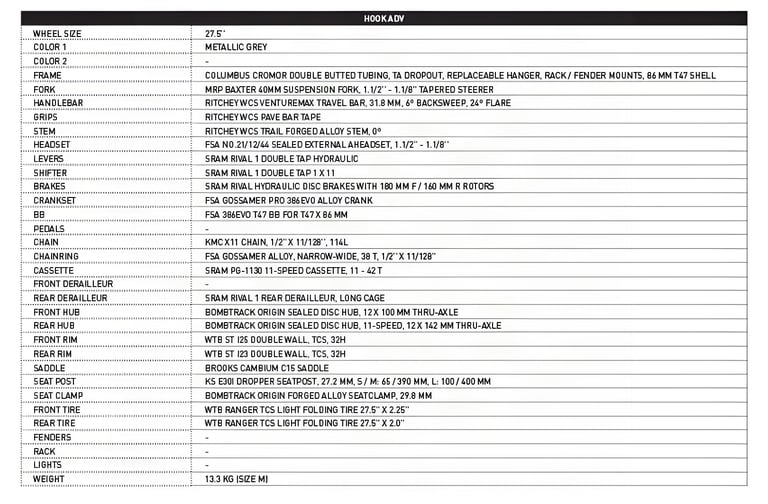 Bombtrack Hook ADV specification table: MRP Baxter 40mm fork, SRAM Rival 1, FSA crank, WTB Ranger tyres, 13.3kg.