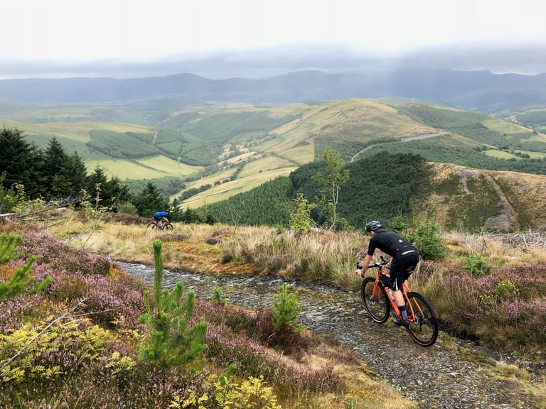 Two riders on gravel bikes descend a slate track through heather above the Dyfi Forest in Wales.