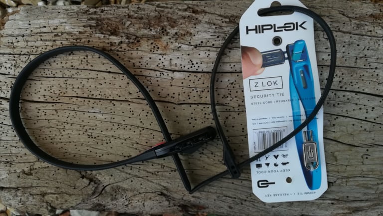 Hiplok Z Lok security tie with steel core and 420mm loop, its packaging marked reusable and multi use.