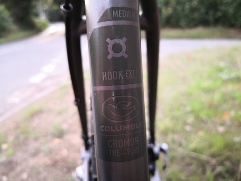 Hook EXT badge and Columbus Cromor Tre-Tubi tubing decal on the seat tube of the Bombtrack frame.