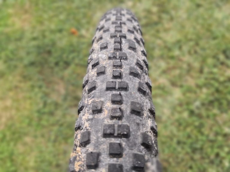Head-on view of the WTB Resolute tread, with square centre knobs and larger shoulder blocks.