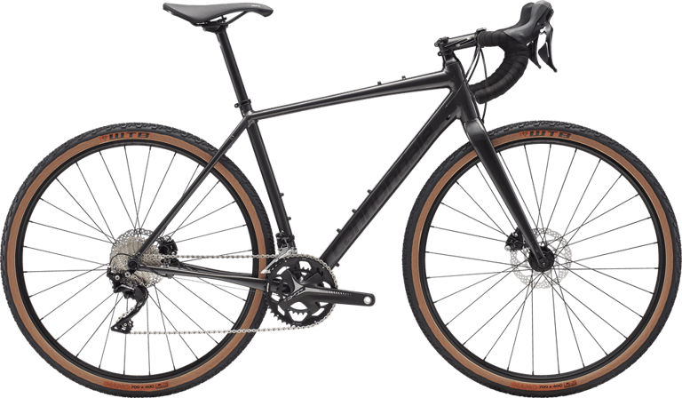 Cannondale Topstone 105 gravel bike in graphite grey with tan-wall tyres, side view.