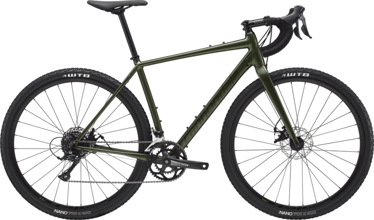 Cannondale Topstone Sora gravel bike in dark green, side view, with SmartForm C2 alloy frame and WTB tyres.