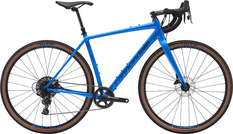 Cannondale Topstone Apex in bright blue with SRAM Apex 1x11 drivetrain and a dropper seatpost, side view.