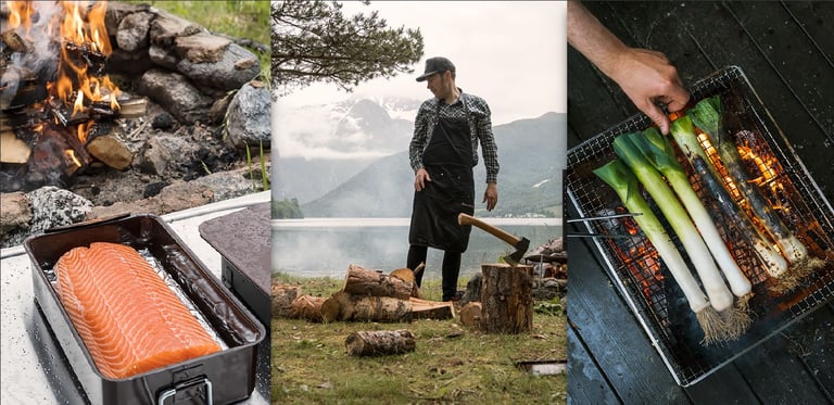 Velochef collage: salmon fillet in a tin by a campfire, a chef in an apron with an axe beside a fjord, and leeks on a grill.