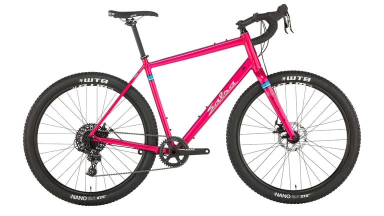 Salsa Journeyman Apex 1 in pink with 650b wheels, WTB Nano 2.1 tyres and a SRAM 1x drivetrain, side view.