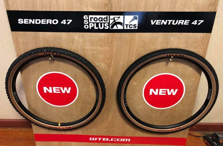 New WTB Sendero 47 and Venture 47 650b Road Plus tyres on a display board at the Grinduro launch.