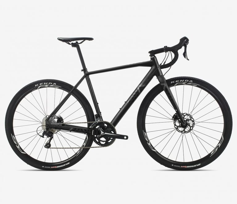 Orbea Terra Aluminium in matt black with grey graphics, disc brakes and Kenda tyres, side view.