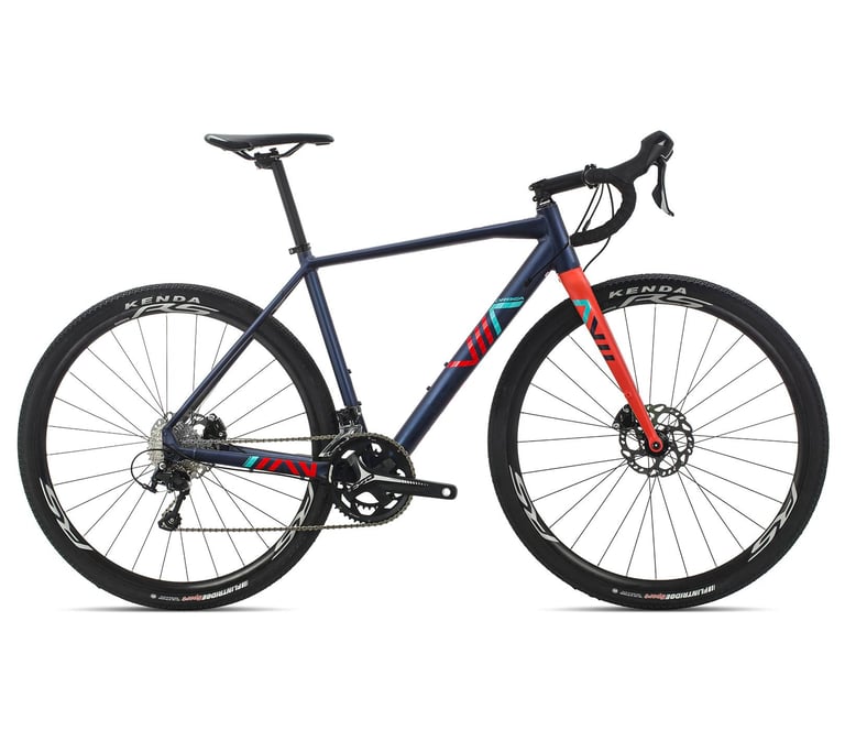 Orbea Terra Aluminium in navy blue with red and turquoise graphics and a coral fork, side view.