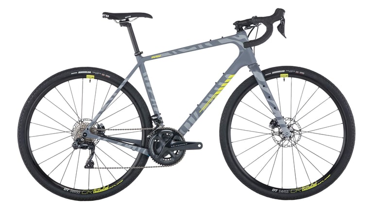 Salsa Warbird V4 gravel bike in grey with zebra-stripe graphics, Shimano Ultegra Di2 groupset and disc brakes.