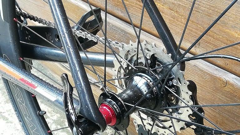 Rear hub and cassette of the Halo Carbaura RC wheelset on a rain-wet Trek Emonda, red end cap visible.