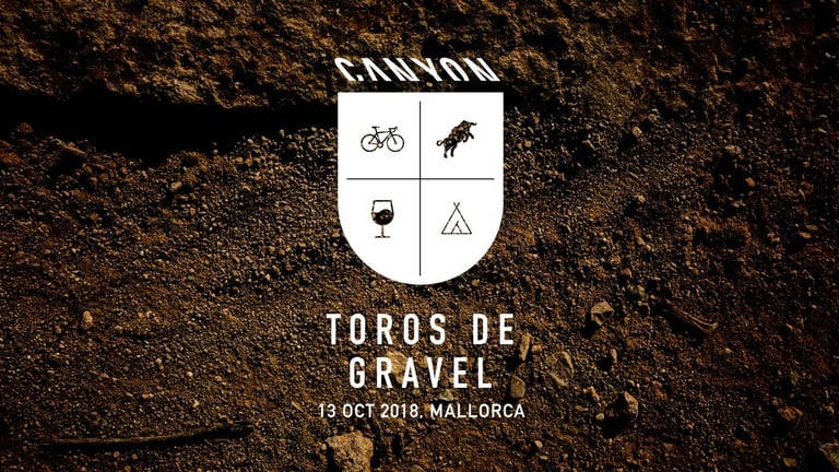 Canyon Toros de Gravel poster for the Mallorca event on 13 October 2018, with a shield of bike, bull, wine and tent.