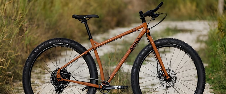 Side view of the 2019 Surly ECR 29+ in Norwegian Cheese Brown on a gravel track beside long grass.