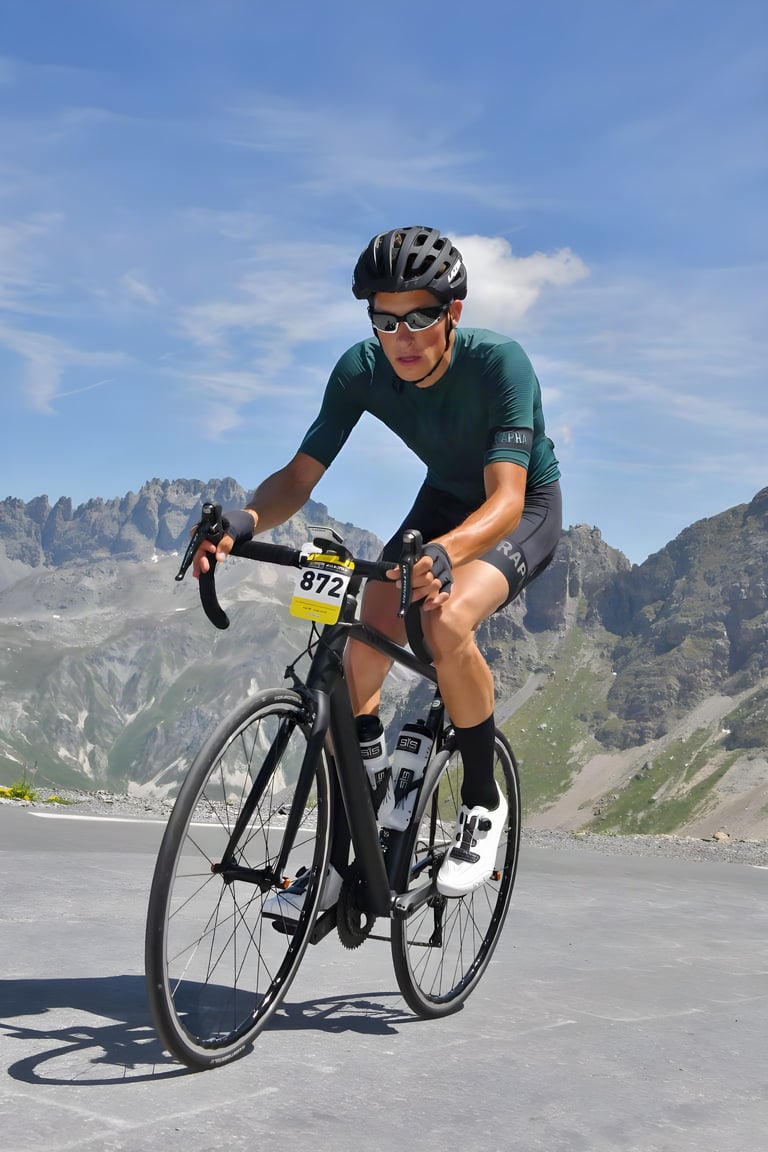 Ben Sharp rides a road bike up a mountain pass wearing race number 872, with rocky peaks behind.