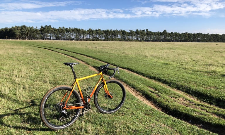 All-City Gorilla Monsoon test bike on a grass field beside tyre tracks, with a line of pines behind.