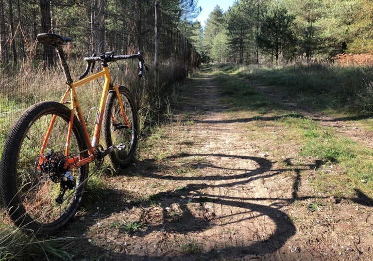 All-City Gorilla Monsoon with big 650b tyres leaning against a fence beside a sandy woodland track.