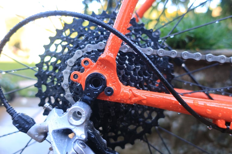Rain-beaded rear dropout and derailleur hanger on the All-City Gorilla Monsoon, with its 11-42t cassette behind.