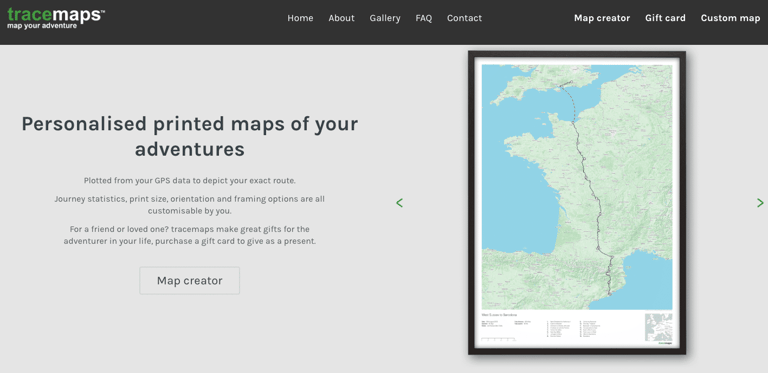 Tracemaps website homepage offering personalised printed route maps, with a framed map of a route across France.