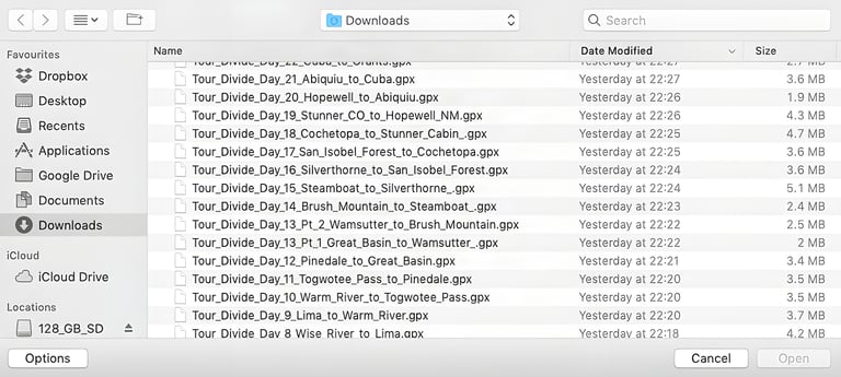 File picker listing daily Tour Divide GPX files, ready to upload to the Tracemaps Map Creator.