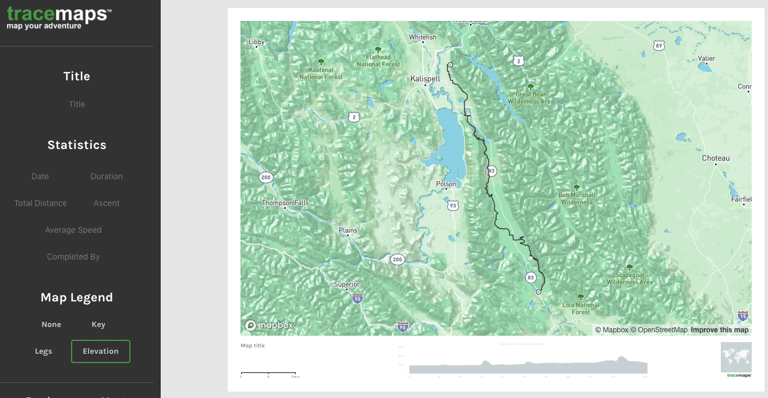 Tracemaps Map Creator preview of a route through Montana, with an elevation profile legend under the map.