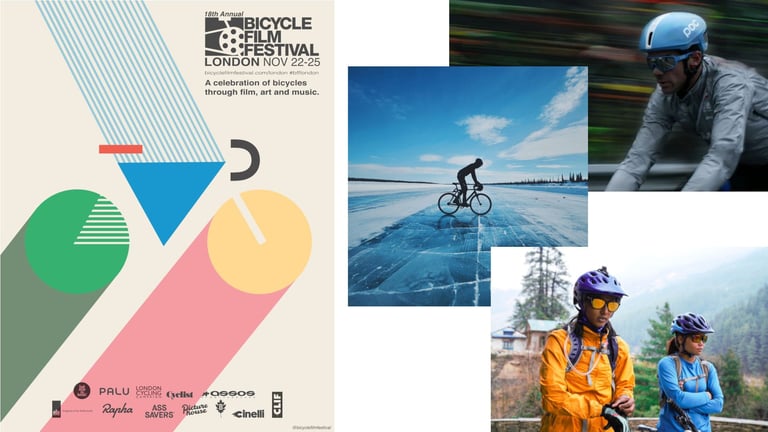 Bicycle Film Festival London 2018 artwork, with the geometric poster beside photos of a lake rider and two helmeted riders.