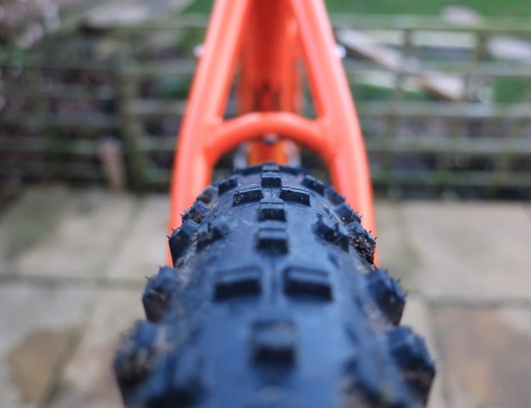 WTB Sendero 650b tyre head-on, its square widely spaced knobs in focus between the orange tubes of a Mason Bokeh.