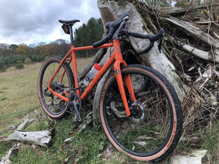 Orange Mason Bokeh test bike with WTB Sendero 47 tyres leaning against a fallen tree at the edge of a heath.