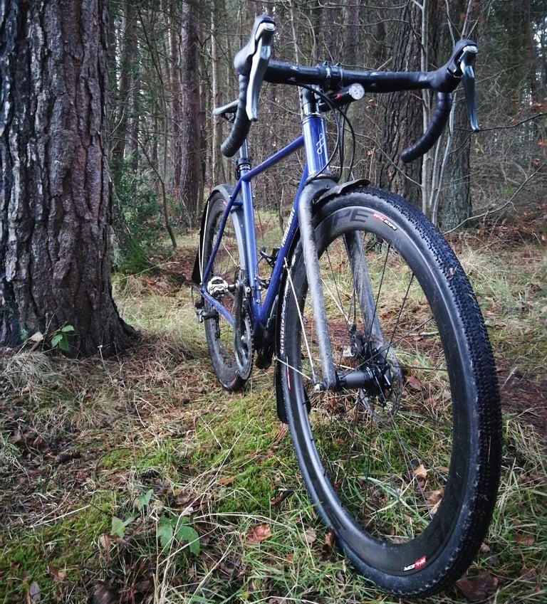 Front three-quarter view of Mark's mud-spattered Fairlight Secan among pine trees, mudguards fitted.
