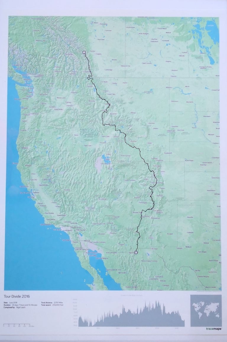Tracemaps print of the 2016 Tour Divide route from Canada to New Mexico, with an elevation profile below.
