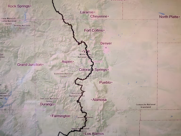 Close-up of a Tracemaps print where the route crosses Colorado past Vail and Colorado Springs.