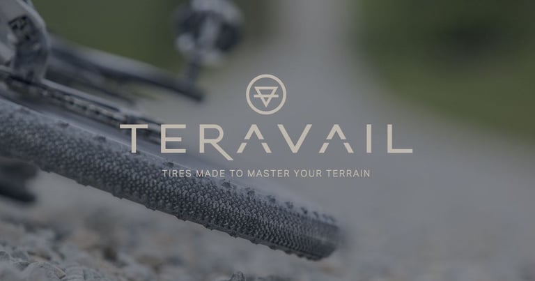 Teravail logo and slogan 'Tires made to master your terrain' over a blurred gravel tyre.