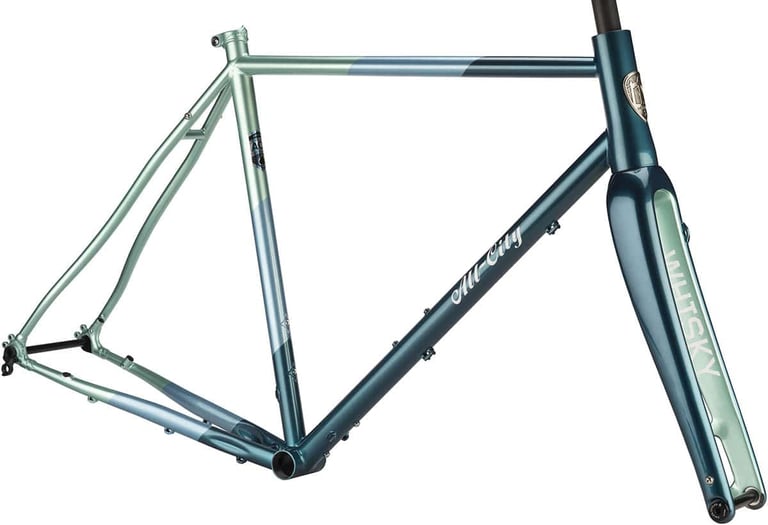 All-City Cosmic Stallion 2019 frameset and Whisky No.9 fork in teal and mint green paint, on white.