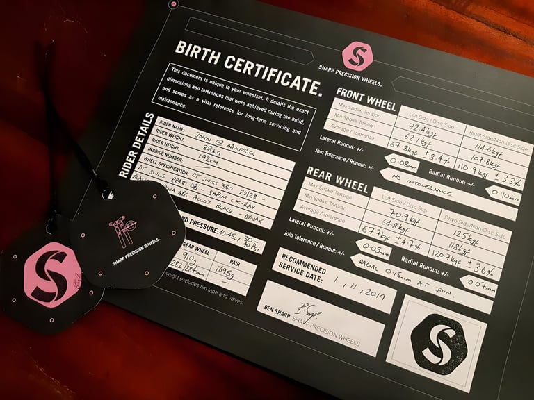 Sharp Precision Wheels birth certificate listing spoke tensions and runout, with a pair weight of 1,695g, and two tags.
