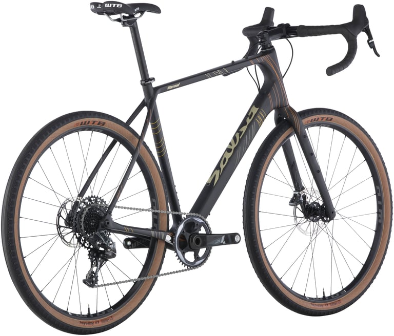 Black Salsa Warroad Carbon Force 1 with SRAM 1x drivetrain and tan-wall 650b tyres, rear three-quarter view on white.